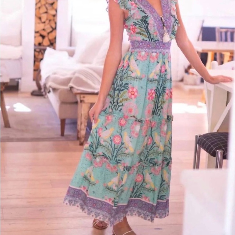 Belle Chloe Maxi dress green pink bird print - Picture 2 of 10